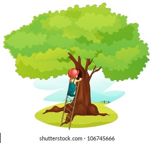 ilustración de un niño y escalera debajo del árbol