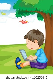 illustration of a boy and laptop under the tree