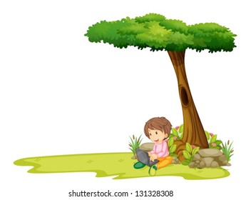 Ilustración de un niño con una laptop debajo de un árbol sobre un fondo blanco