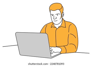 Illustration of a boy laptop use lineart vector design white background