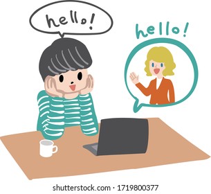 Ilustración de un niño aprendiendo un idioma extranjero en Internet.