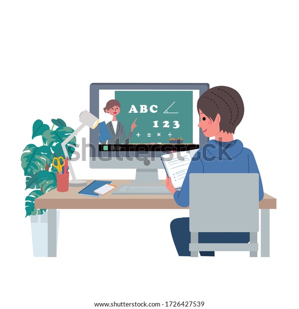 Illustration of a boy learning\
online