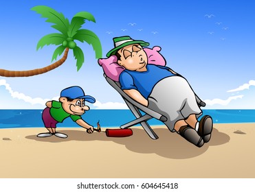 illustration of a boy light fire cracker near sleeping man on nature background