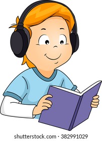 Illustration of a Boy Listening to an Audio while Reading a Book