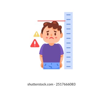 illustration of a boy looking sad because his body is short. suffer from stunting. stunted growth. disorders of child growth and development. flat style character design. elements