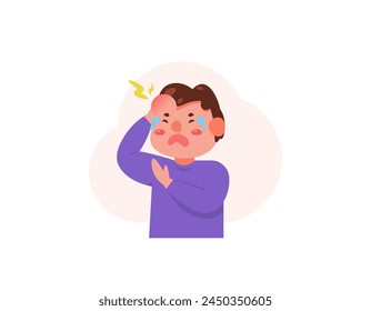 illustration of a boy with a lump on his head. forehead bump from being hit. crying because of pain. facial expressions of boy characters. children and incidents. flat style illustration design