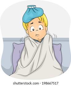 Illustration of a Boy Lying in Bed Due to Fever