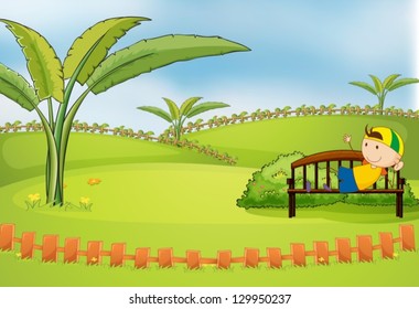 Illustration of a boy lying at the bench inside the fence