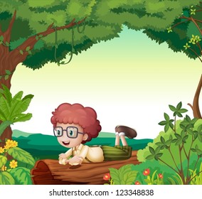 Illustration of a boy lying on a dry wood in a beautiful nature