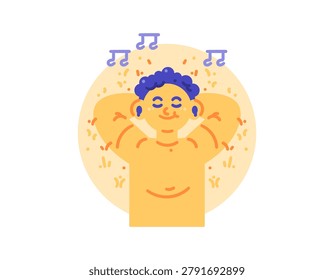 Illustration of a boy lying on the grass listening to music. Closed eyes, using earphones. Enjoying music and relaxing. Activities, healing, and vacations. Characters, gestures, and expressions. Concepts. Flat style.