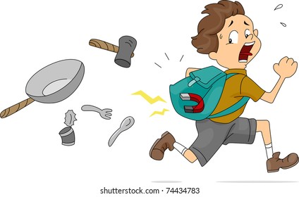 Illustration of Boy With a Magnet Inside His Bag