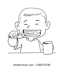 Illustration of a boy make toothbrush, Cheerful children with toothbrushes. Outline on a white background - Vector Illustration.