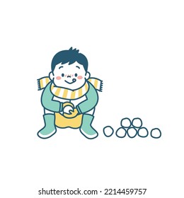 Ilustración de un niño haciendo bola de nieve en invierno