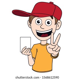 Illustration of a boy making a victory sign and holding a card in his hand. red cap, yellow t-shirt, laugh, vector drawing.