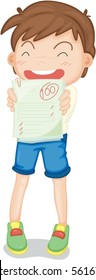 Ilustración de un niño con una hoja de papel sobre fondo blanco