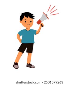 Illustration of boy with megaphone isolated on white background, element of international children's day celebration.