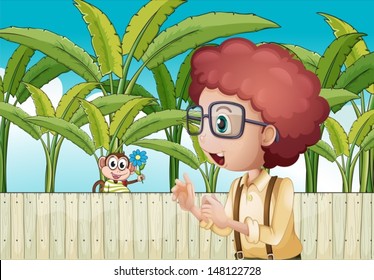 Illustration of a boy and a monkey with a flower near the wooden fence