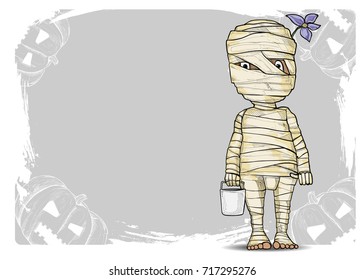 illustration of a boy with mummy costume in halloween character. trick or treat background