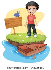 Illustration of a boy near the empty signboard with a bird on a white background