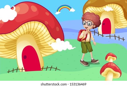 Illustration of a boy near the giant mushroom houses