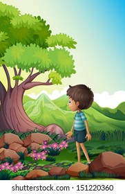 Illustration of a boy near the giant tree in the forest