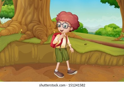 Illustration of a boy near the roots of a giant tree
