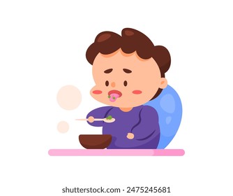 illustration of a boy not being able to eat vegetables. hate and dislike eating vegetables. boy eating vegetable soup. using a spoon. facial expressions. character illustration design. graphic element