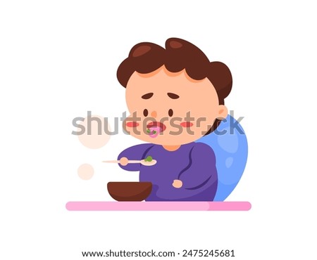 illustration of a boy not being able to eat vegetables. hate and dislike eating vegetables. boy eating vegetable soup. using a spoon. facial expressions. character illustration design. graphic element