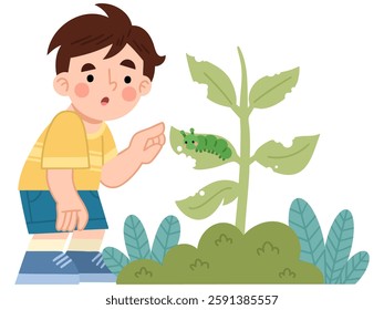 Illustration of Boy Observing Caterpillar on Plant