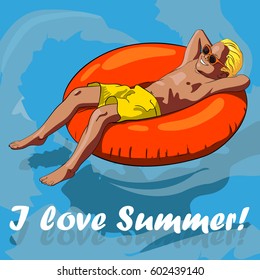 illustration of a boy on an inflatable circle on water and the words I love summer