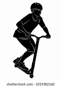 illustration of a boy on a scooter, black and white drawing, white background