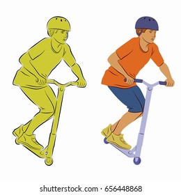 illustration of a boy on a scooter, color drawing, white background