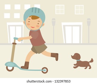 Illustration of Boy on scooter with little dog