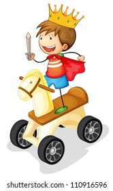 illustration of a boy on toy horse on white background