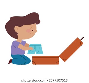 Illustration of a boy organizing items inside a suitcase