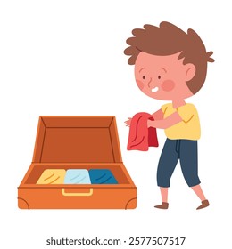 Illustration of a boy packing clothes into a suitcase