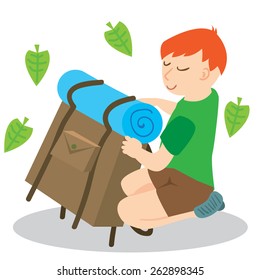 Illustration of boy, packing his backpack for camping