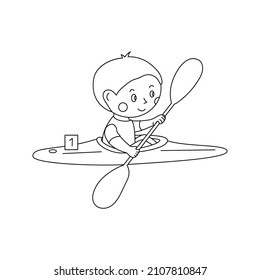 Illustration of a boy paddling on kayak.  Outline vector image of rowing kid. Canoe sprint kid doddle character.