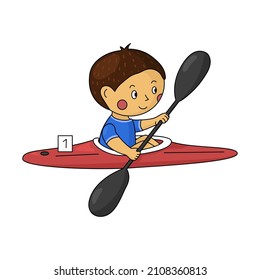 Illustration of a boy paddling on kayak.  Cartoon vector image of rowing kid. Canoe sprint kid character.