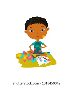 Illustration of a boy painting on a white background