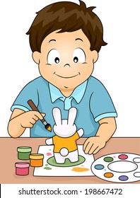 Illustration of a Boy Painting a Rabbit Figurine