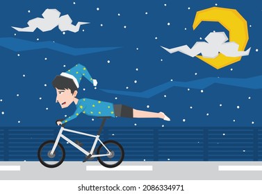 An illustration of a boy with pajama riding bike and doing freestyle in the  night