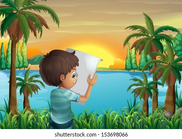 Illustration of a boy with a paper at the riverbank