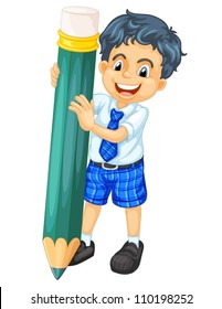 illustration of a boy and pencil on a white background