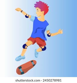 Illustration of a boy performing a trick on a skateboard. stylish hairstyle and sportswear. Vector boy in red sherts and blue t-shirt making in a jump. On the arms and legs there are protective