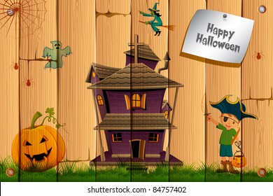 illustration of boy in pirate costume with pumpkin and haunted house on halloween card