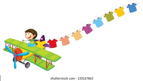 Illustration of a boy in a plane with hanging clothes on a white background