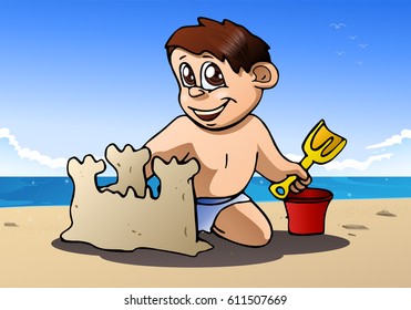 illustration of a boy play build sand castle on the beach background