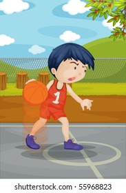 Illustration of A Boy Playing Basket Ball on white background