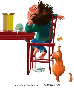 Illustration of a boy playing with cat at the breakfast table on a white background. VECTOR. Children illustration for School books, magazines, advertising and more. Separate Objects.
